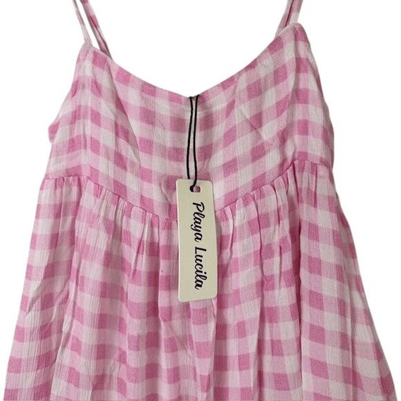 NEW! Playa Lucila Pink Check Maxi Slip Dress Smocked Elastic Back Straps Size XS - Picture 3 of 11